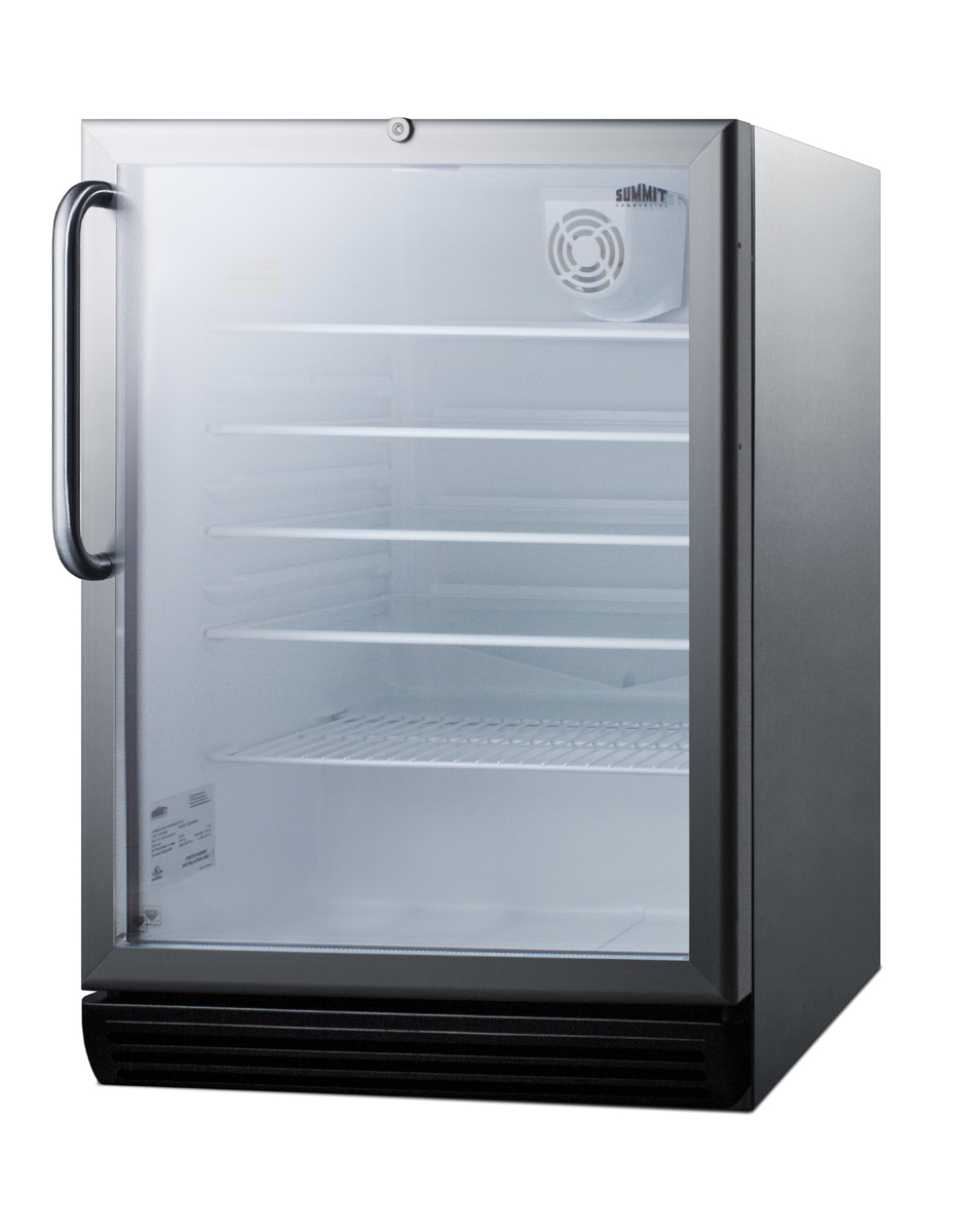 Commercially listed ADA compliant built-in undercounter beverage center with stainless steel wrapped cabinet, glass door, towel bar handle, and lock